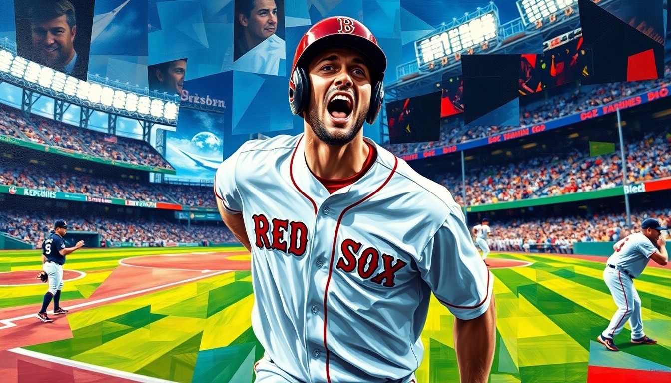 A fractured, geometric painting depicting a baseball player in a Red Sox uniform, their body and the stadium environment broken down into sharp, overlapping planes of color, conveying the emotional intensity of the player's reaction to a fan's taunt.