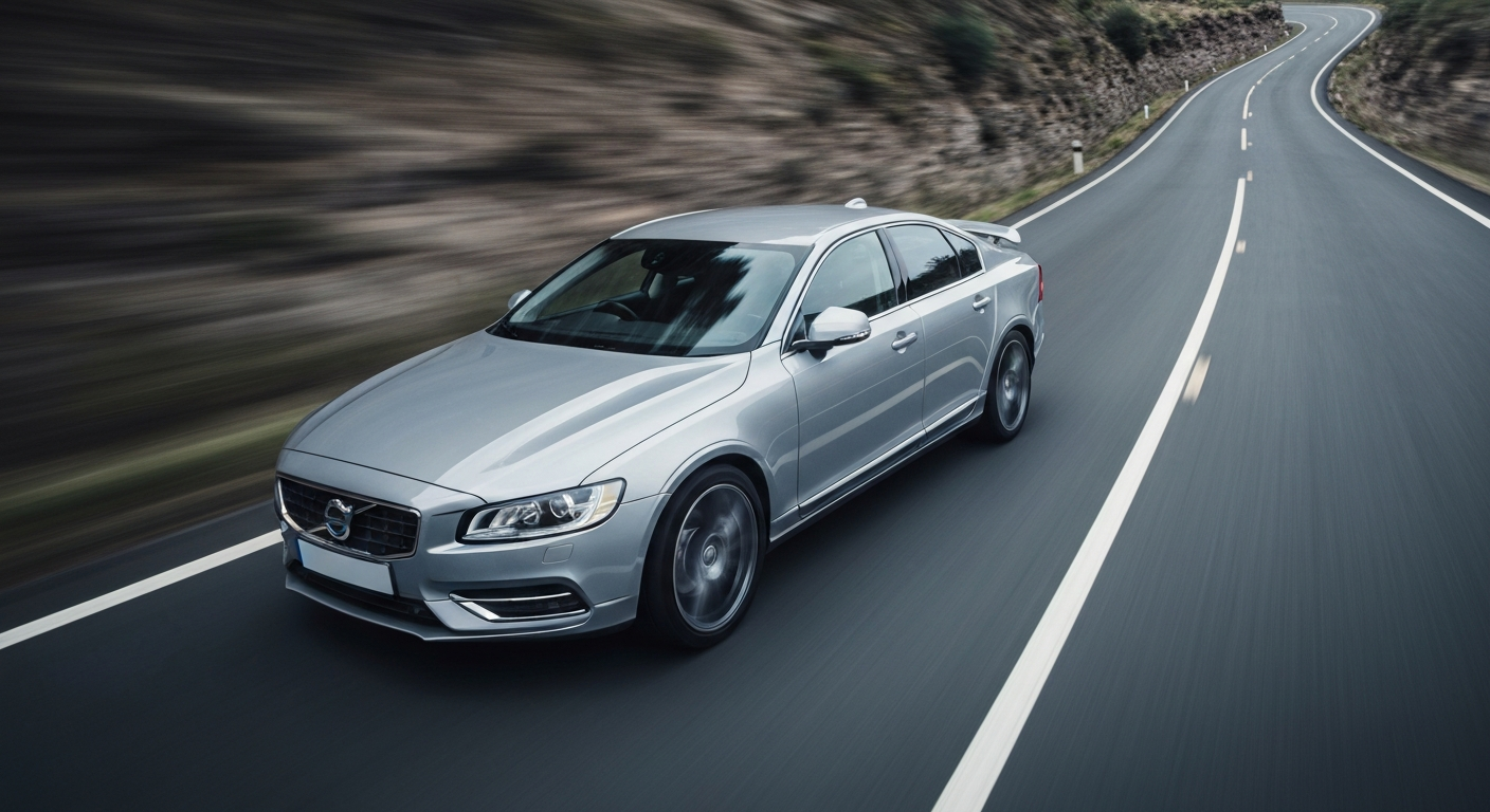 An abstract, blurred image of a Volvo sedan speeding down a winding road, conveying a sense of speed and the thrill of driving.