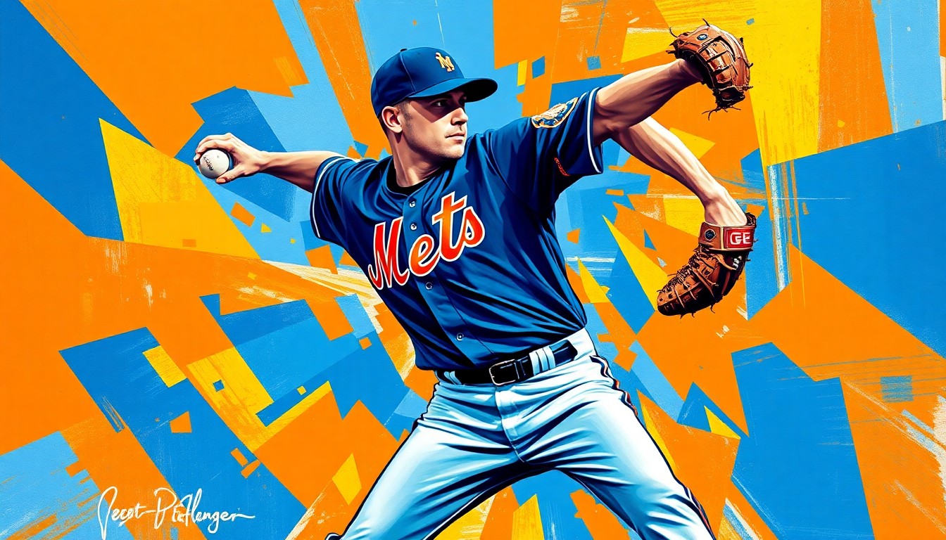 A fractured, multi-perspective painting depicting the explosive delivery of a Mets relief pitcher, with the motion broken down into sharp, overlapping geometric planes in vibrant shades of blue and orange.