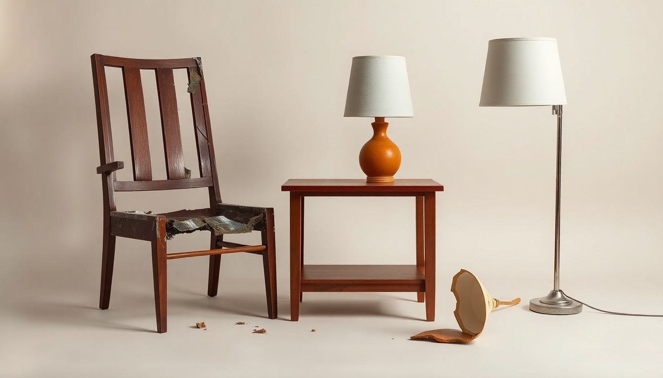 A high-end, photorealistic studio still-life photograph featuring a damaged and broken wooden chair frame, a cracked and chipped end table, and a shattered lamp shade, conceptually representing the physical and financial toll on consumers left with defective furniture.