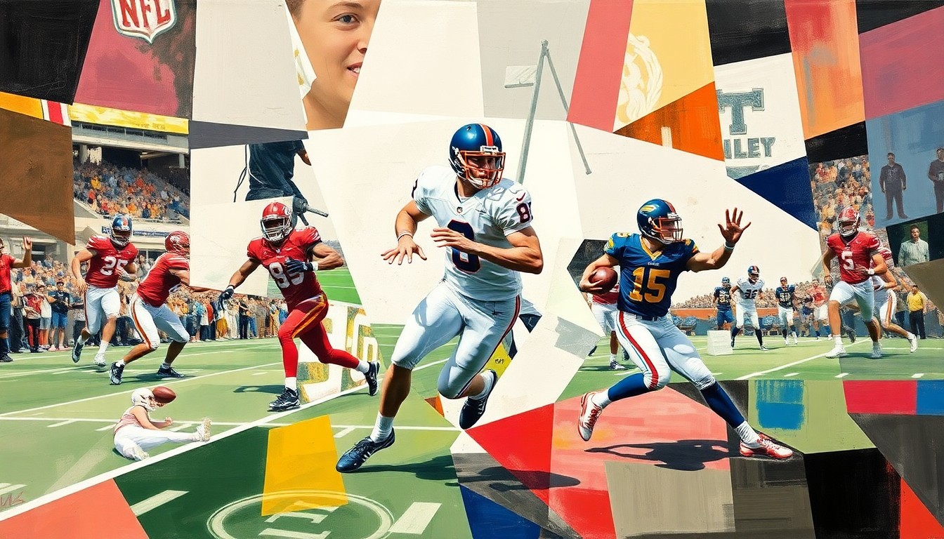 A fractured, multi-perspective painting that breaks down a football player's athletic movements and plays into sharp, overlapping geometric planes, conceptually representing a versatile two-sport athlete.