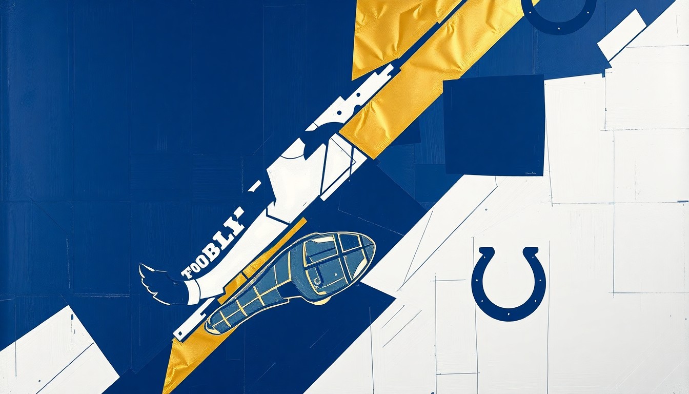 A cubist, geometric painting depicting fragmented football players and draft prospects in navy blue, white, and gold, representing the Colts' bold moves to trade up and secure impact talent.