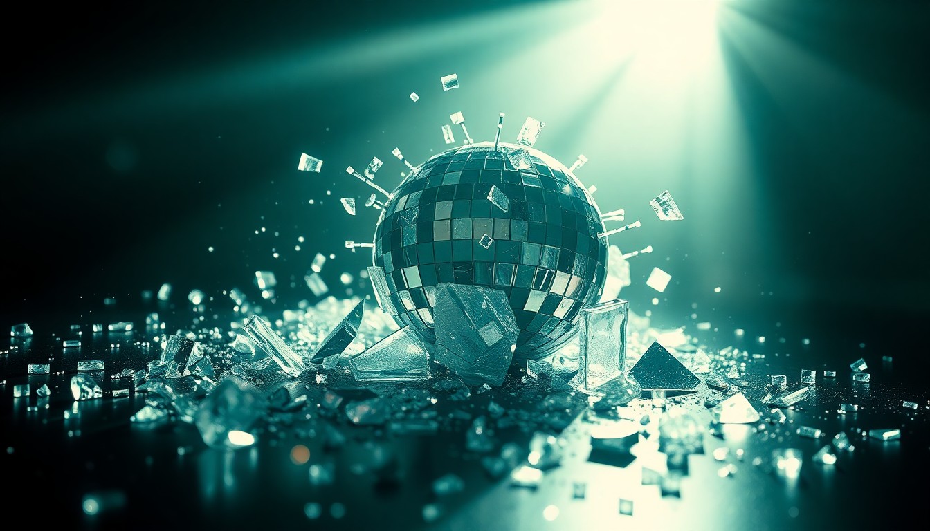 An abstract close-up image of shattered, glittering glass fragments in dramatic studio lighting, conveying the glamour and tension of the music industry.