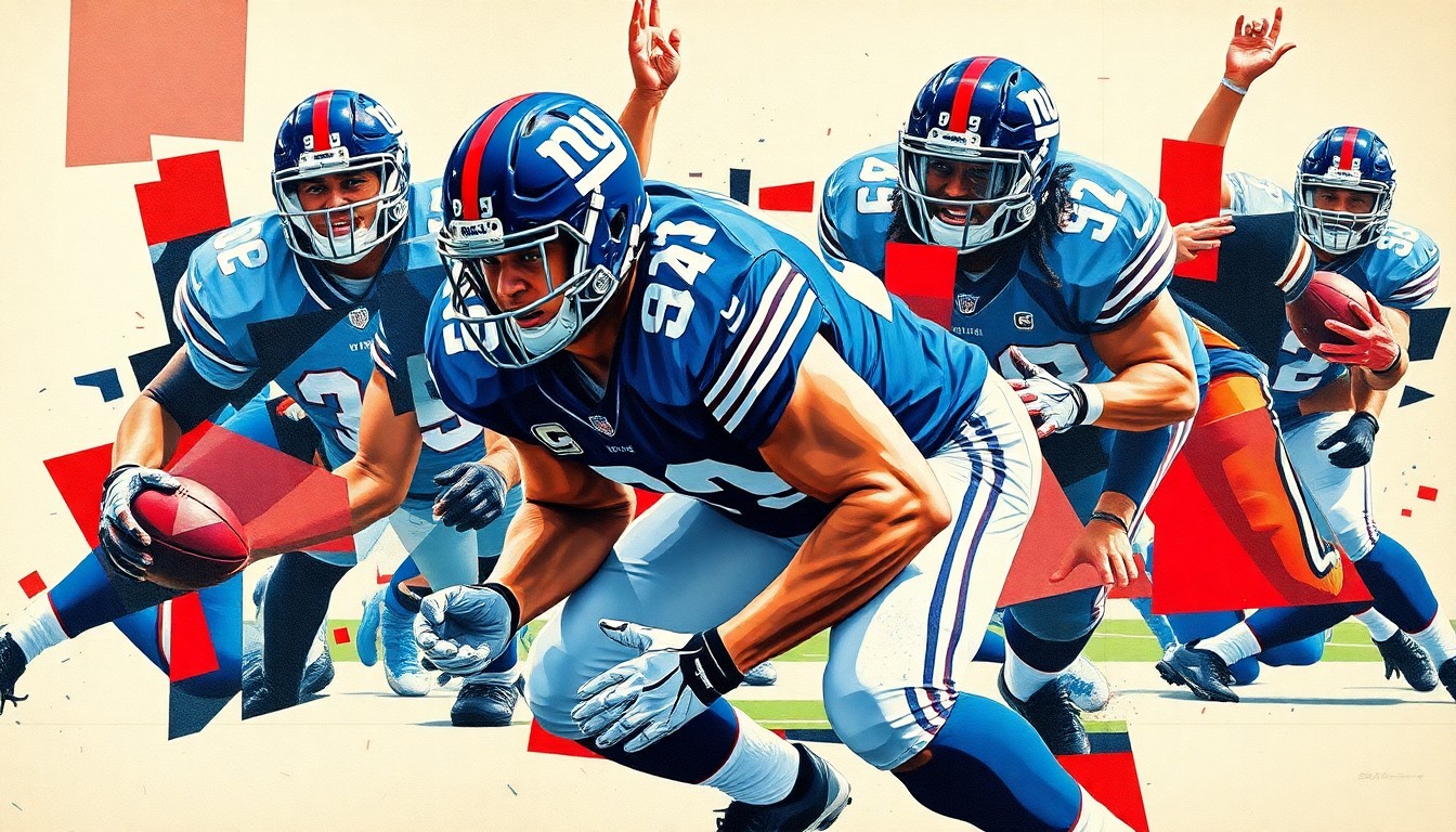 A cubist, geometric painting depicting a defensive lineman in the midst of a play, with the player's body fractured into overlapping planes of blue, red, and white.