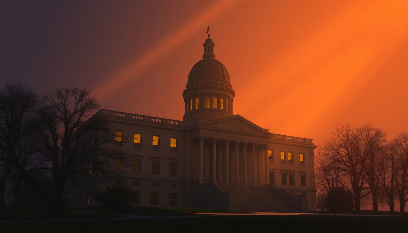 A serene, nostalgic painting of an Iowa state capitol building in warm, golden light, conveying a sense of civic pride and political change.