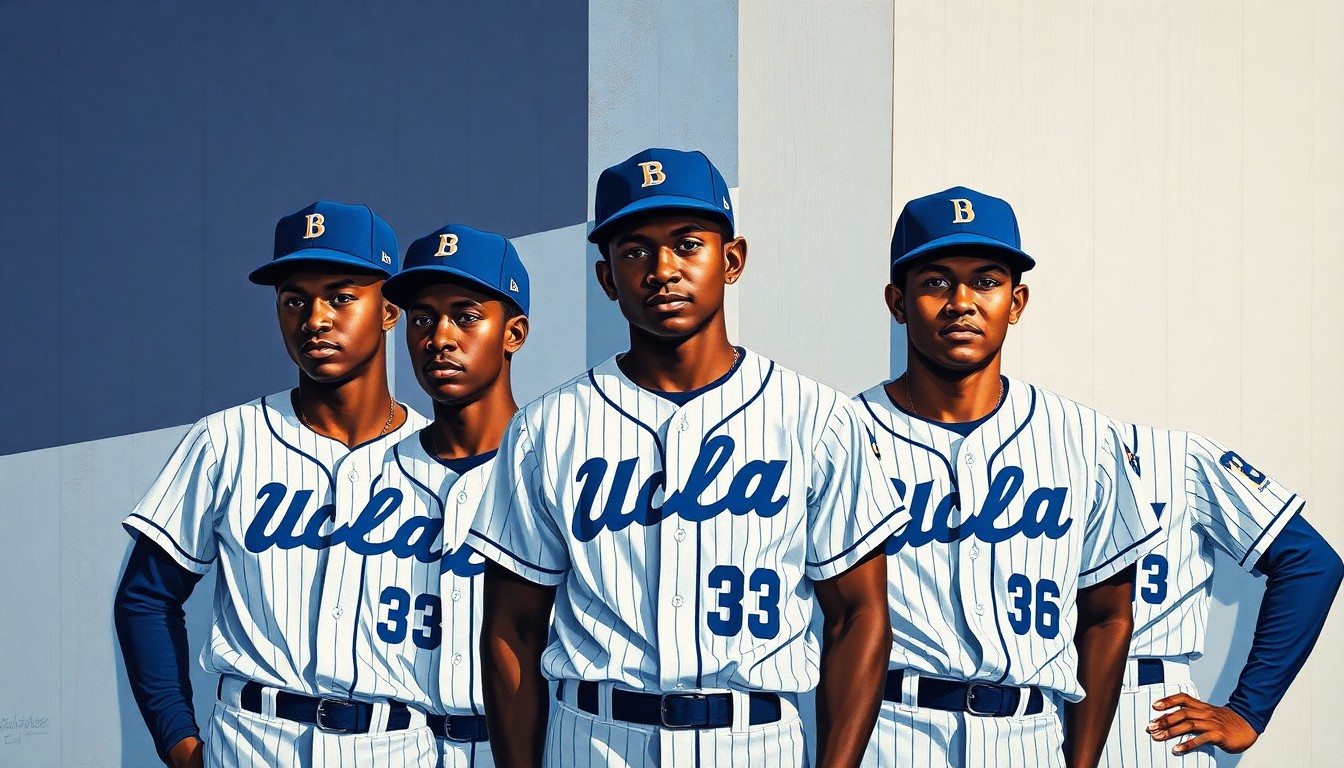 A fractured, multi-perspective painting in the style of Pablo Picasso, breaking down the UCLA baseball players wearing their Jackie Robinson tribute uniforms into sharp, overlapping geometric planes in vibrant colors like navy blue, white, and red.
