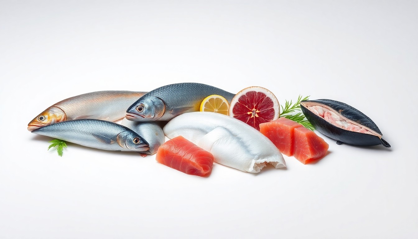 A high-end, photorealistic studio still-life photograph featuring a selection of premium seafood products, including fresh whole fish, sashimi-grade tuna, and specialty shellfish, arranged elegantly on a clean, monochromatic background with sharp, dramatic studio lighting and deep shadows, conceptually representing the quality and exclusivity of the seafood offerings.