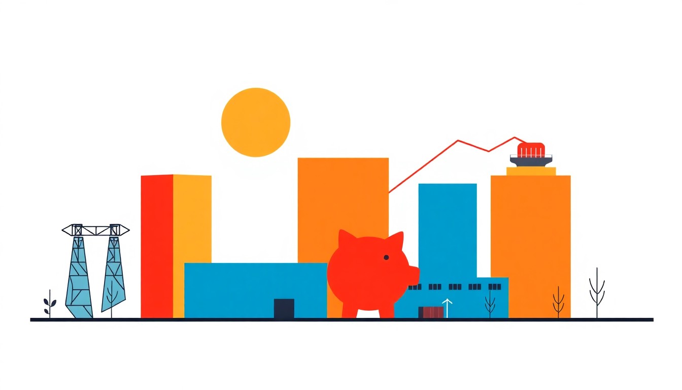 A dynamic composition of overlapping triangles and rectangles in shades of blue, green, and orange, conceptually representing the development of an industrial park and the economic growth it will bring to the local community.