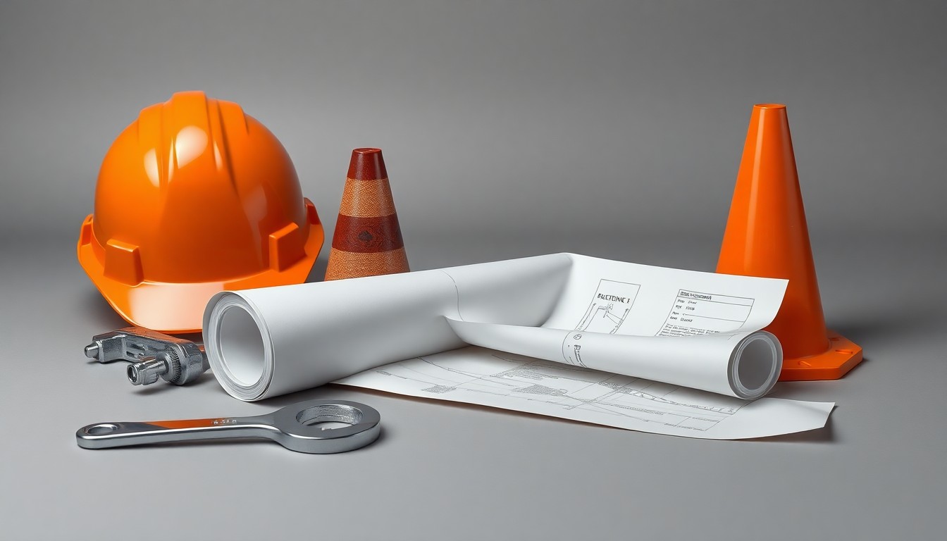 A high-end, photorealistic studio still-life photograph featuring a collection of polished, geometric objects representing the materials and tools used in road construction and infrastructure projects, such as a hardhat, traffic cones, a wrench, and a blueprint rolled up, arranged elegantly on a clean, monochromatic grey background with sharp, dramatic studio lighting and deep shadows.