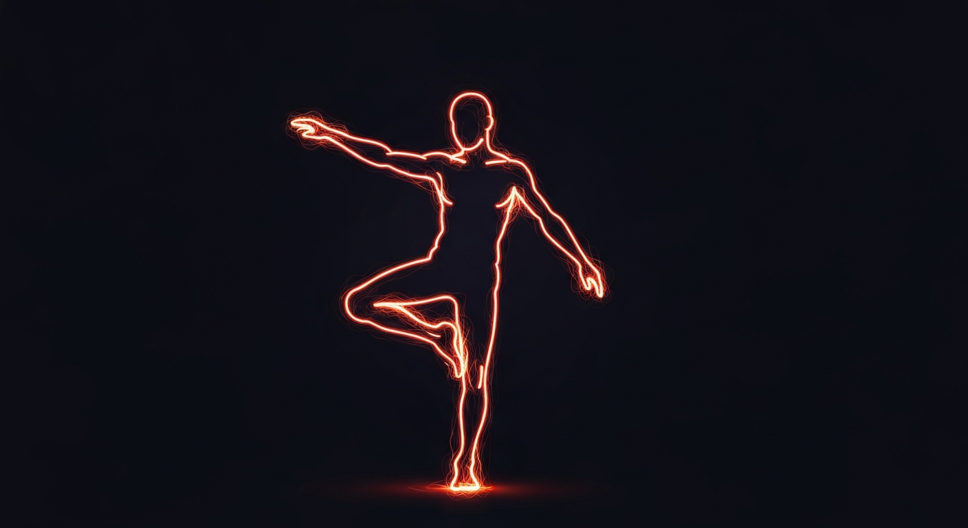 A minimalist neon outline of a person balancing on one leg, the lines glowing with vibrant energy against a dark background, conceptually representing the balance test described in the story.
