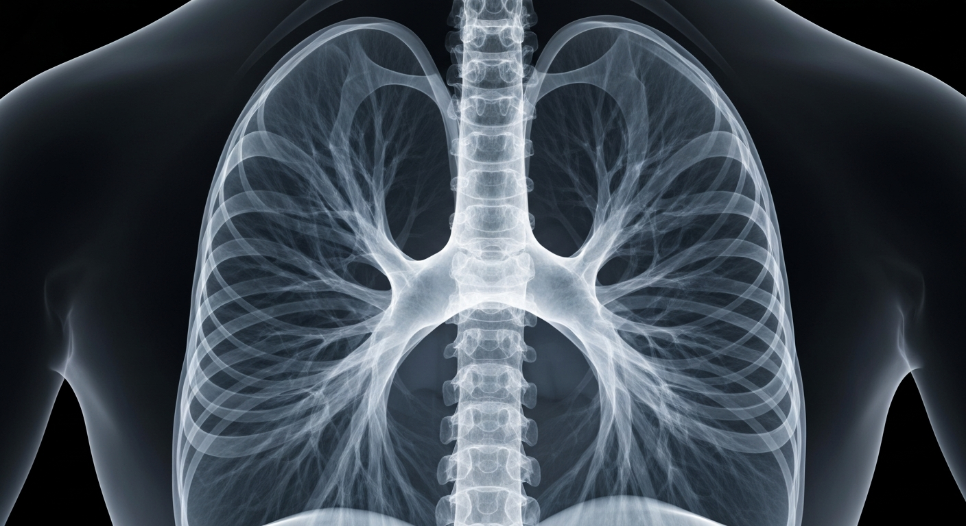 A translucent X-ray image revealing the intricate internal structure of a human lung, with glowing lines and ghostly details against a dark background, conceptually representing the advanced technology behind a noninvasive diagnostic test for lung disease.