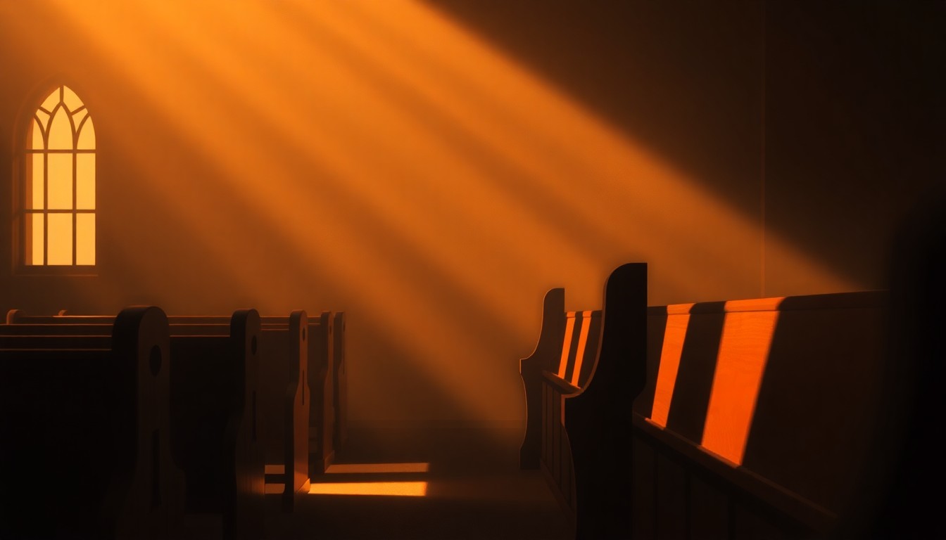 A serene, cinematic painting of an empty church pew in warm, golden light, evoking a sense of contemplation and the struggle to uphold one's faith in the face of divisive political forces.