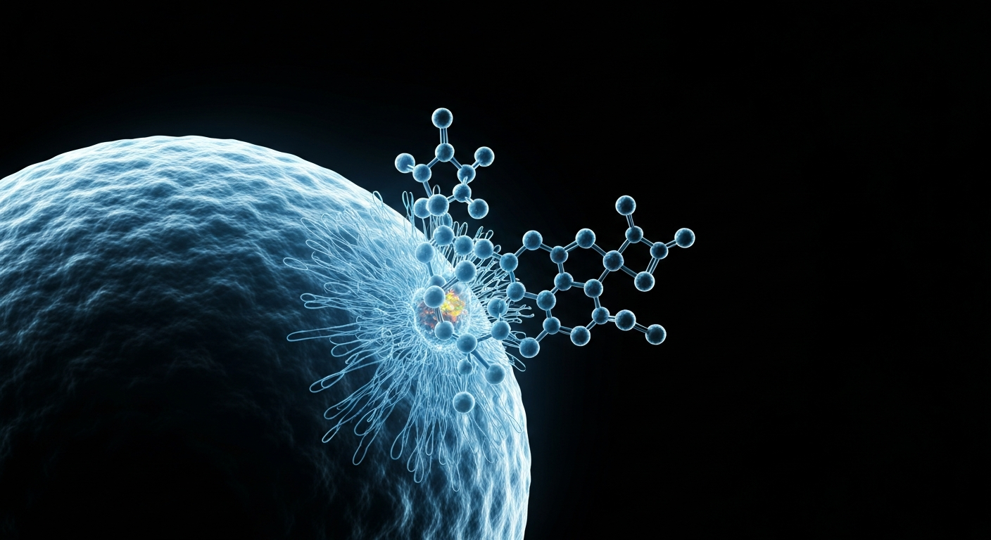 A highly detailed, translucent X-ray-style image revealing the intricate molecular structure of a cancer-fighting antibody-drug conjugate, with ghostly glowing lines and shapes conveying a sense of clinical innovation and scientific advancement.