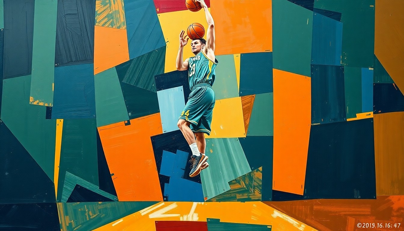 A cubist-style painting depicting a basketball player's jump shot broken down into overlapping geometric shapes and planes, conveying the dynamic energy and motion of the sport.