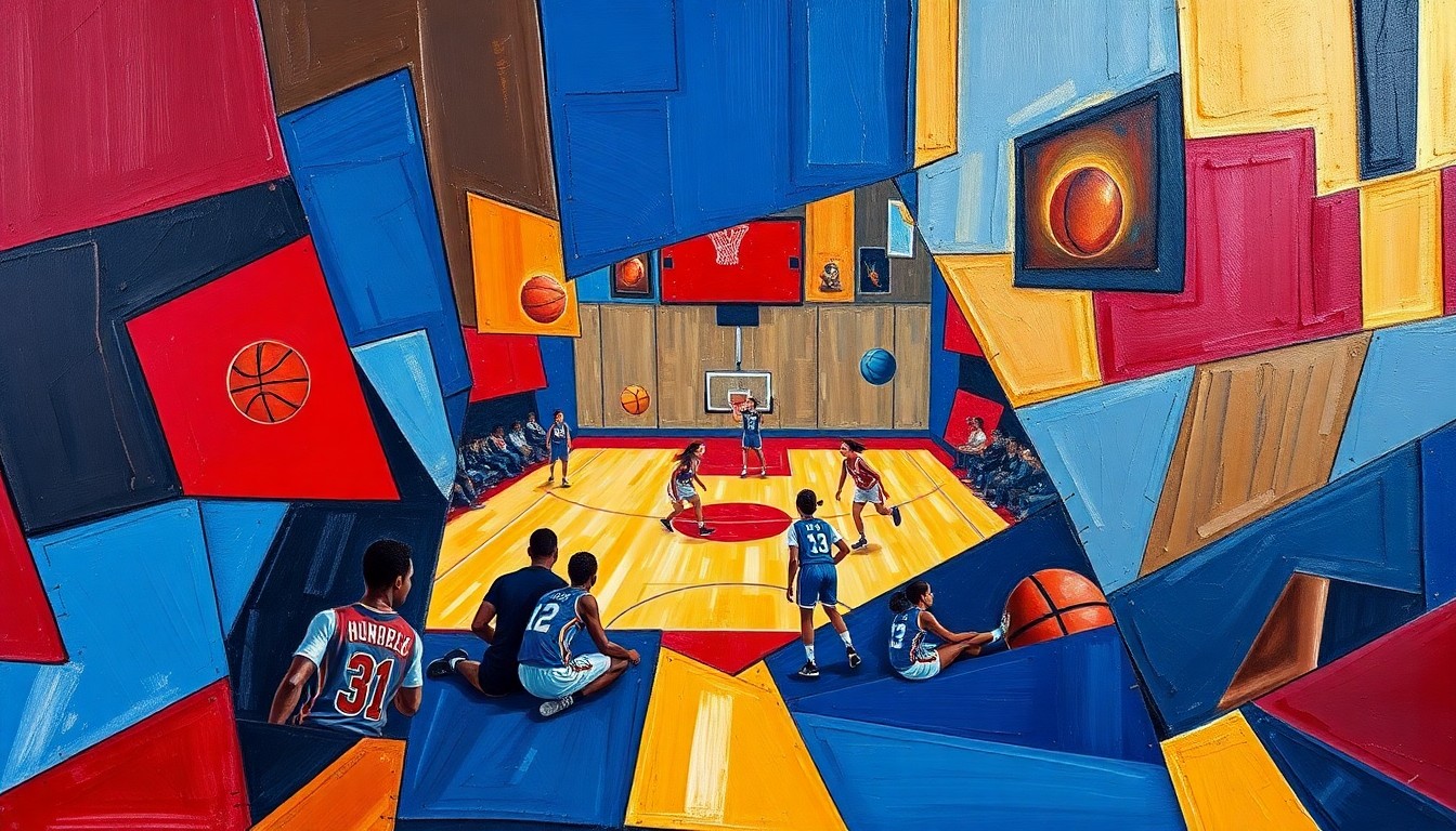 A fragmented, cubist-style painting depicting the dynamic motion and energy of a girls' basketball game, with players and the court broken down into angular, overlapping shapes in a bold color scheme.