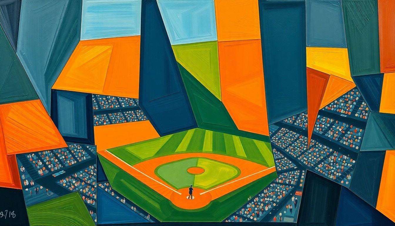 A fragmented, abstract painting depicting a baseball game in motion, with sharp geometric shapes and planes of navy, green, and orange conveying the dynamic energy of the sport.