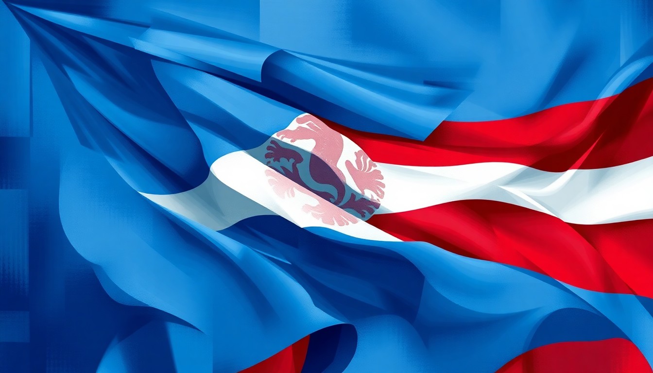 A dynamic, abstract painting featuring overlapping geometric shapes and waves of blue, white, and red colors, conceptually representing the political debate around state legislation related to Israel.