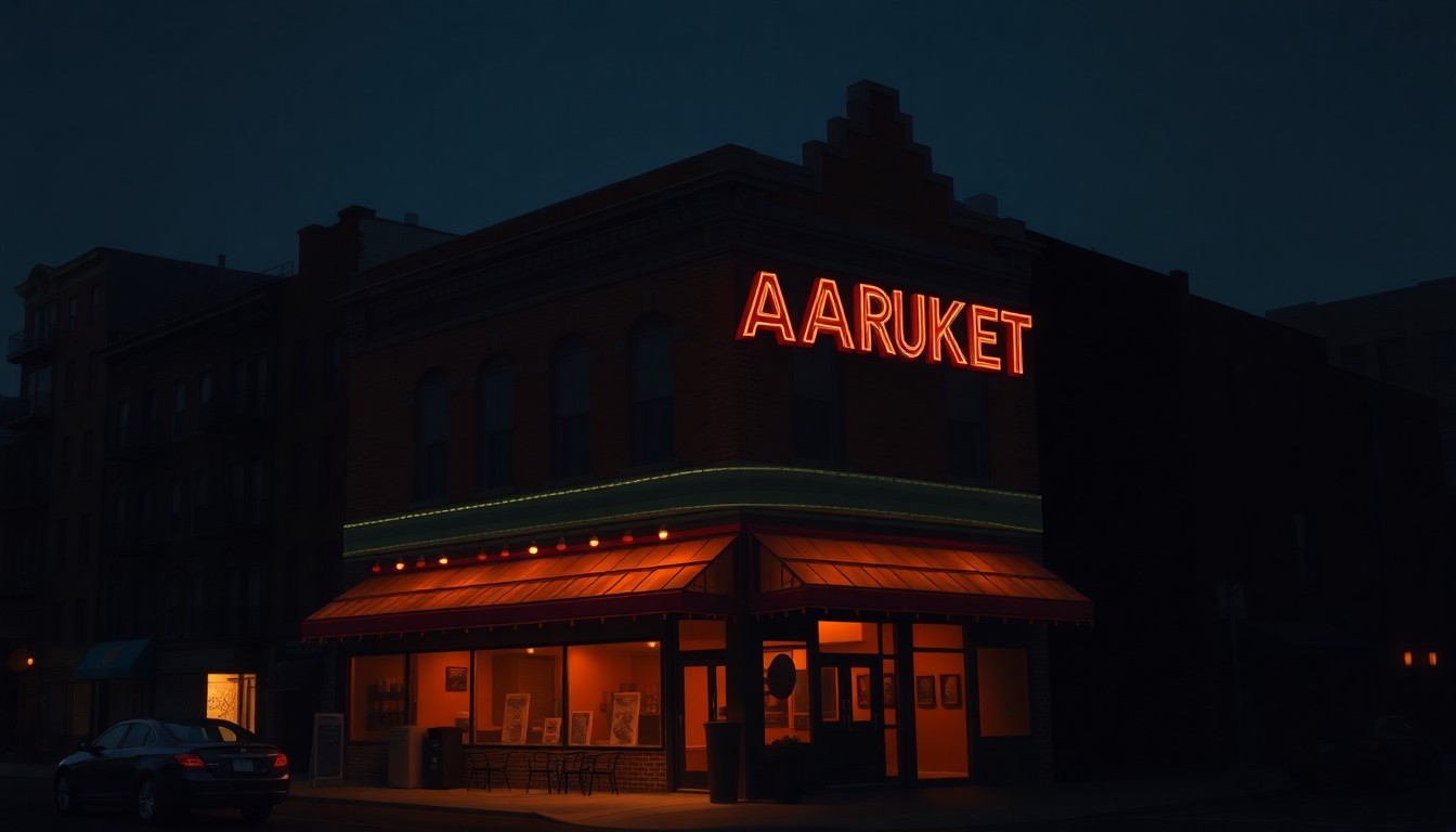 A serene, photorealistic painting of the La Marqueta building in East Harlem, with the facade illuminated by warm, angled sunlight casting deep shadows across the structure. The scene evokes a sense of timeless urban nostalgia.