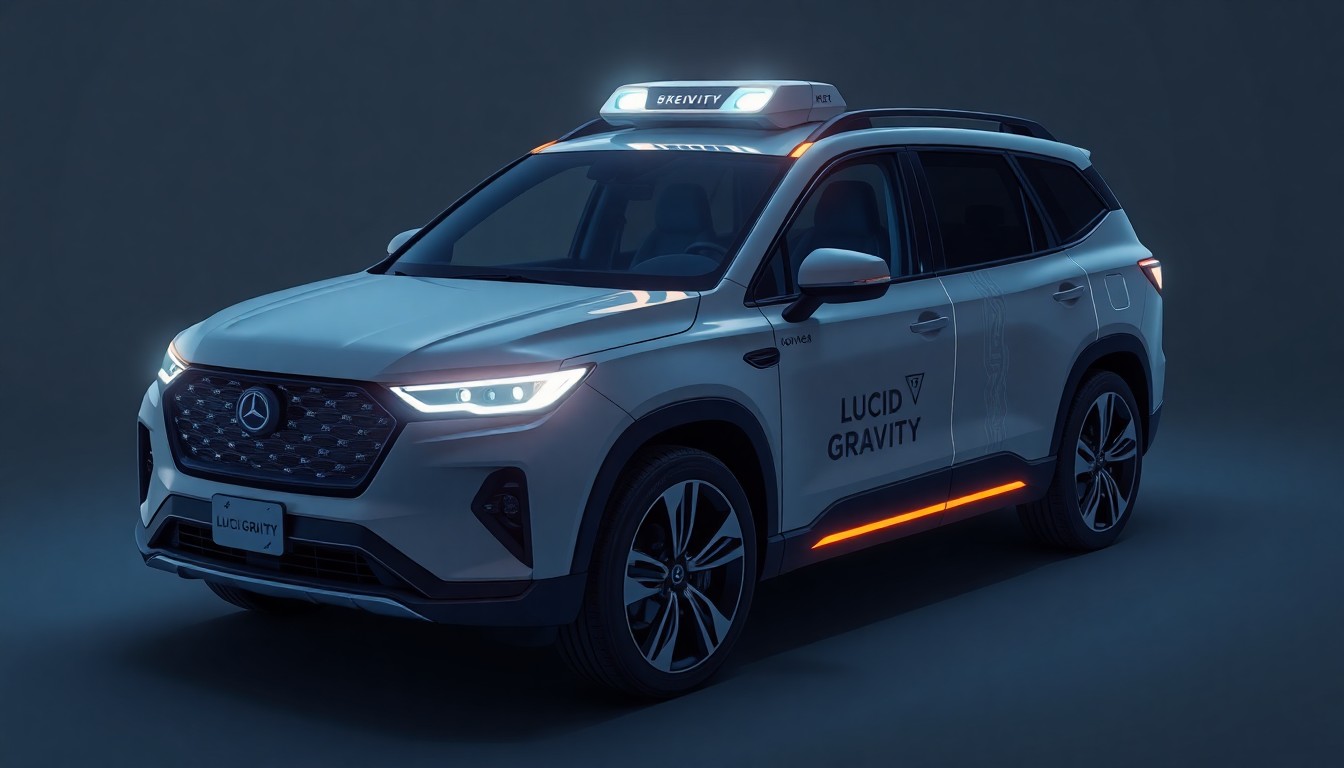 A highly detailed, glowing 3D illustration of a Lucid Gravity SUV with an array of illuminated sensors and cameras, representing the advanced autonomous driving technology powering the Uber-Nuro robotaxi pilot in San Francisco.