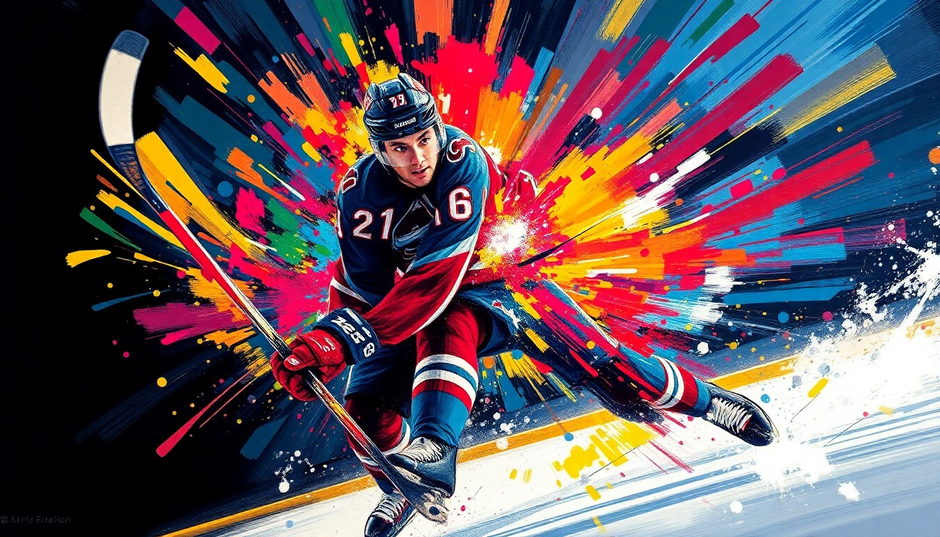 An abstract, expressionist painting using vibrant neon colors and rapid brushstrokes to depict the dynamic movement and energy of a hockey player scoring a goal, with the player's features dissolving into unrecognizable shapes.