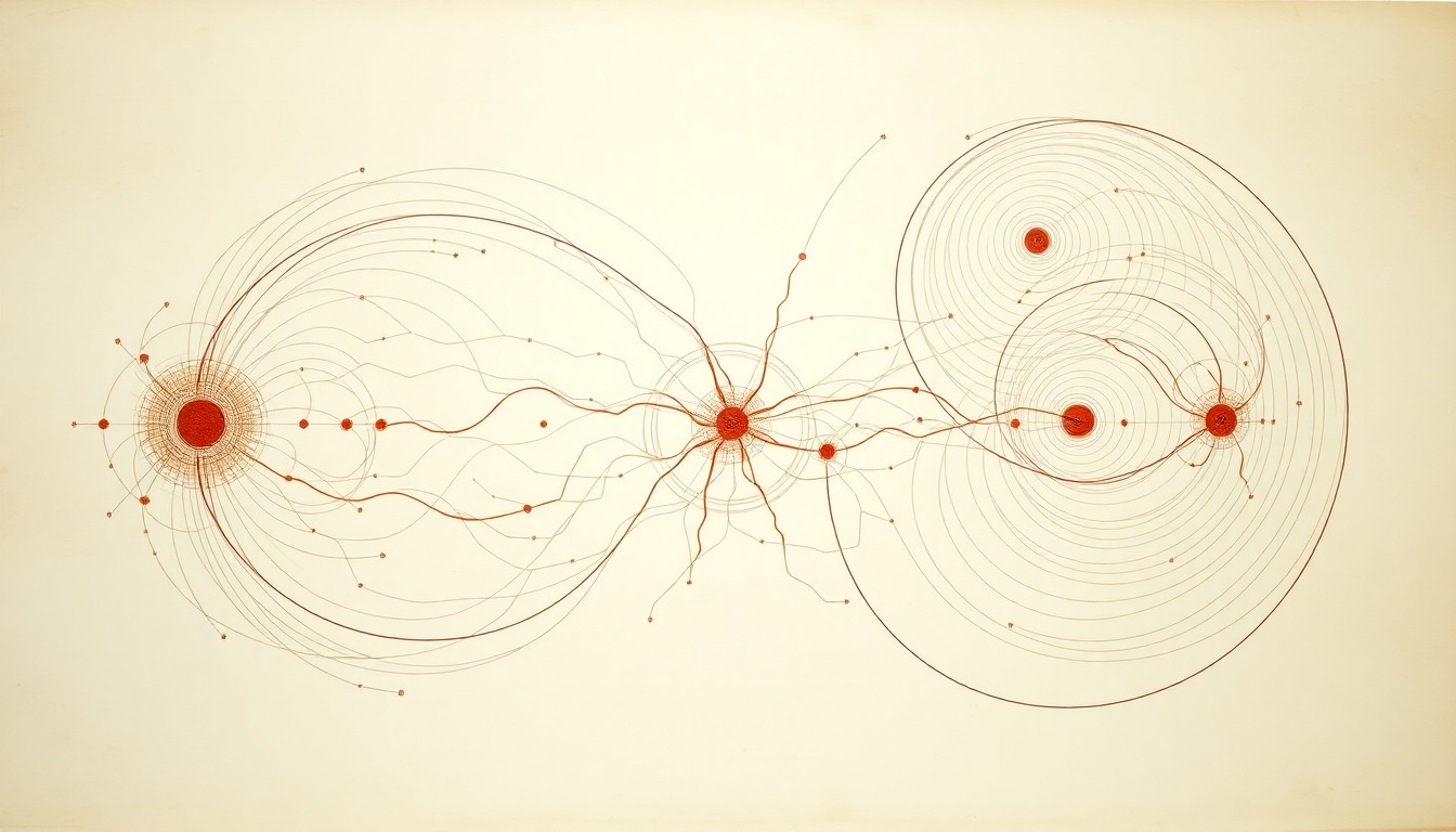 A highly structured abstract painting in soft, earthy tones depicting sweeping geometric arcs, concentric circles, and precise botanical spirals, representing the complex neural pathways that drive rhythmic limb movements in fruit flies.