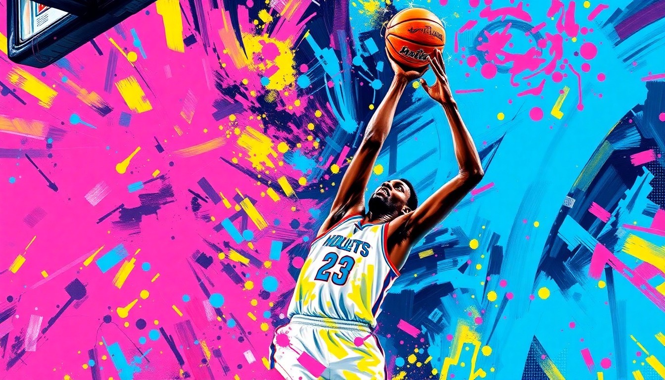 An abstract expressionist painting in neon colors depicting the frantic final moments of a basketball game, with the ball and players' movements blurred into vibrant brushstrokes, capturing the raw energy and excitement of the game-tying shot.