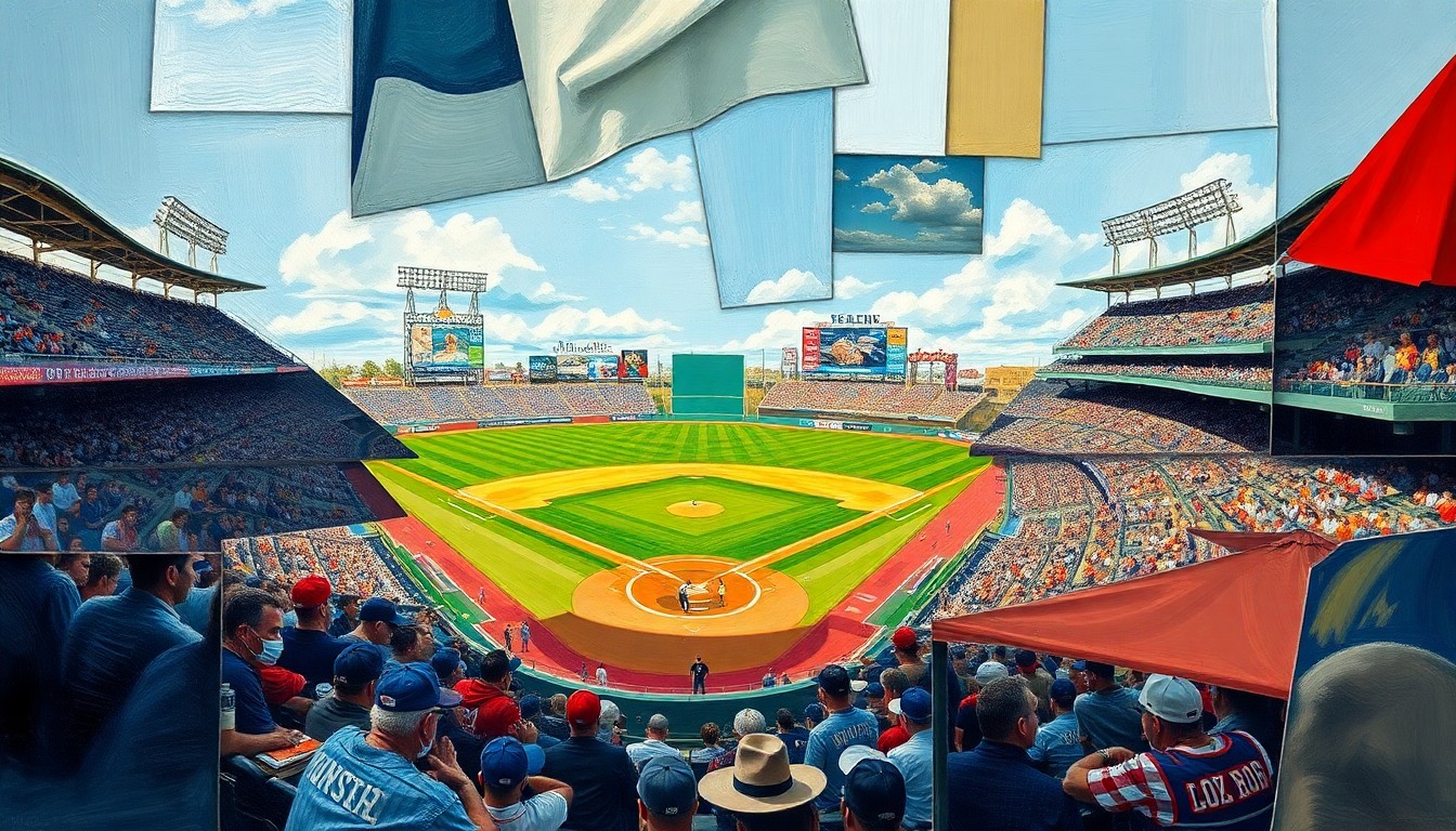 A fragmented, geometric painting depicting a baseball game, with players and the field broken down into sharp, overlapping shapes and planes of color, conveying the fast-paced action and competitive spirit of the minor league contest.