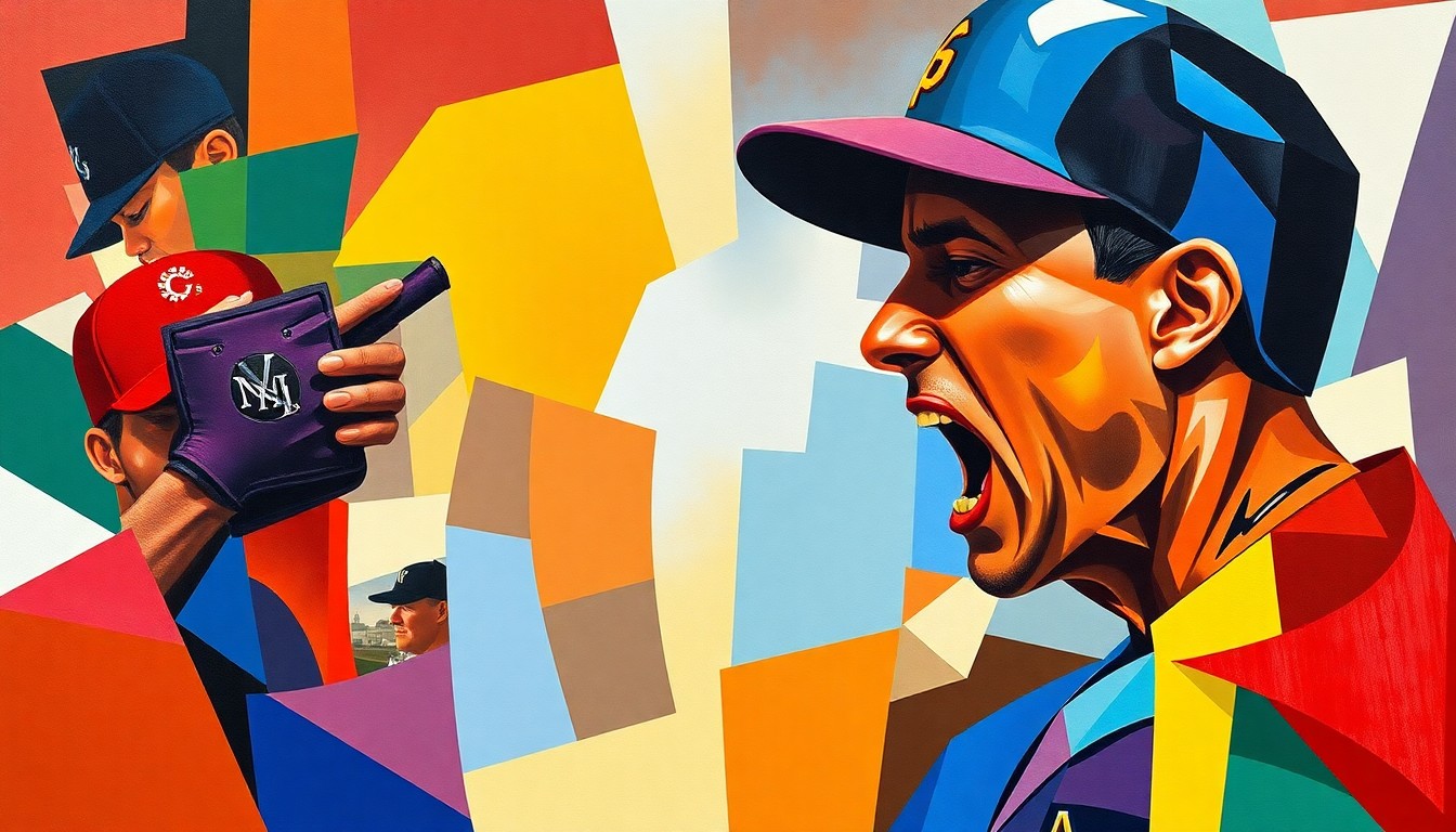 A fragmented, abstract painting in bold colors and geometric shapes, conceptually representing the emotional impact of a player reacting to a fan's hurtful comment during a baseball game.