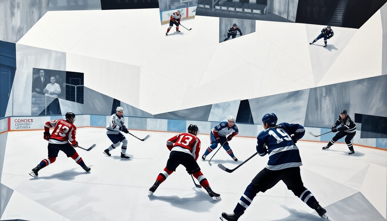 A cubist, geometric painting depicting a fragmented hockey game, with players and the ice reduced to angular, abstracted forms, conveying a sense of motion and intensity.