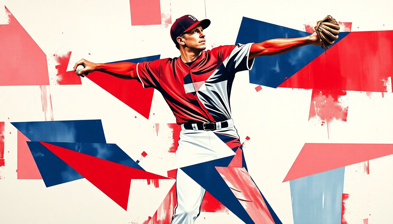 A fragmented, geometric painting depicting a baseball pitcher's throwing motion, with sharp planes of red, white, and navy blue representing the dynamic action and potential injury.