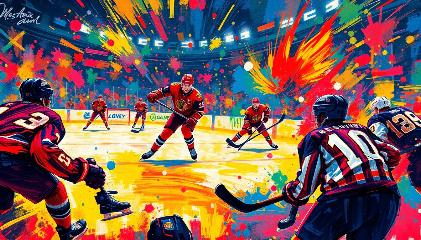 An abstract, energetic painting featuring bold brushstrokes in neon colors, capturing the intensity and movement of a hockey game.