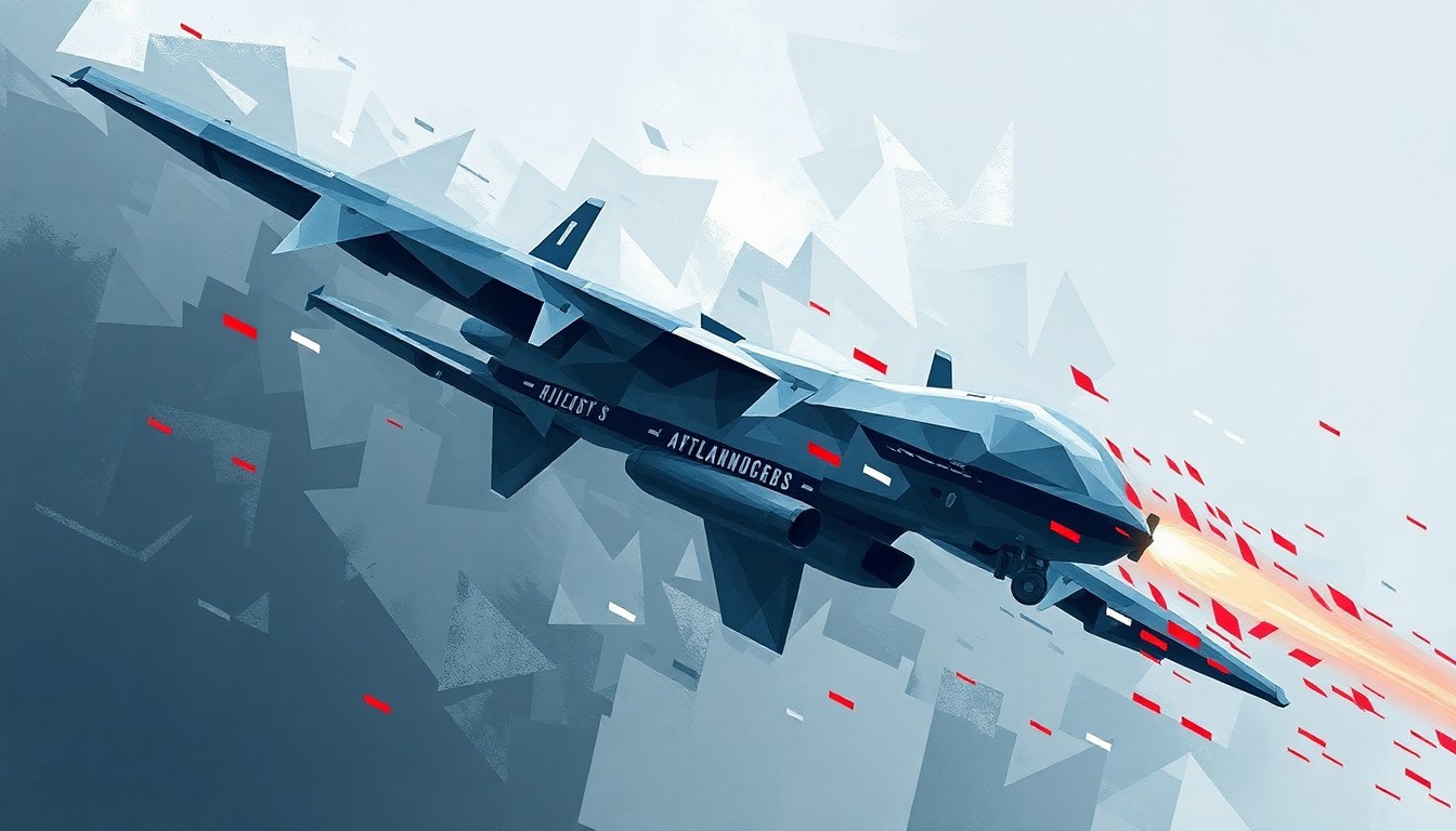 A fractured, overlapping geometric painting in shades of gray, blue, and red, depicting a military drone or missile in motion, conceptually representing the conflict and tensions between the U.S. and NATO.