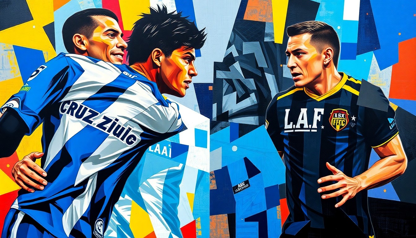 A cubist, geometric painting in vibrant blues, whites, blacks, and golds, depicting the chaotic action of a high-stakes soccer match between two teams, their players and the ball fragmented into sharp, overlapping shapes and planes.