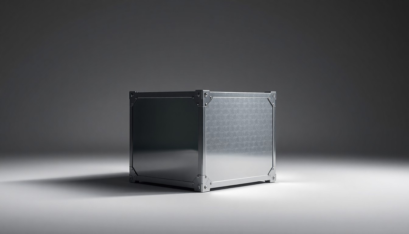 A polished, geometric metal container or box, photographed in a high-end studio setting with dramatic lighting and shadows, representing the quality and reliability of Mentors Moving & Storage's moving services.