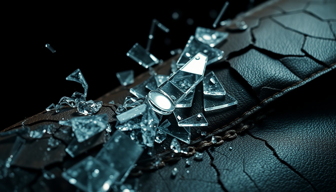 An abstract, high-contrast close-up image featuring shattered glass and cracked, distressed leather textures, conveying a sense of emotional turmoil and the fragility of fame.