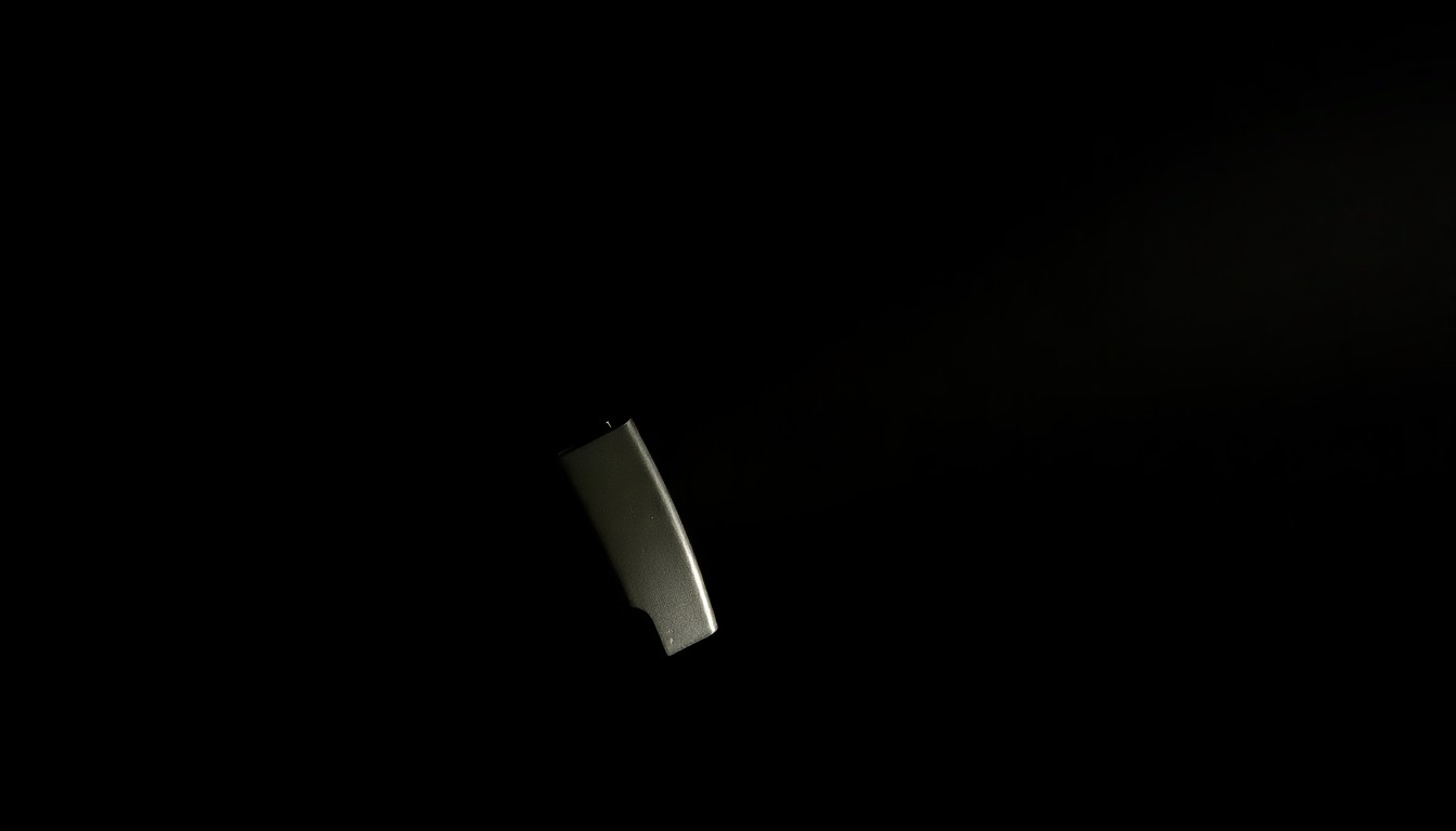 An extreme close-up photograph of a handgun magazine or spent shell casing, lit by a harsh, direct camera flash against a pitch-black background, conveying a stark, gritty, investigative aesthetic related to the crime at the center of this story.