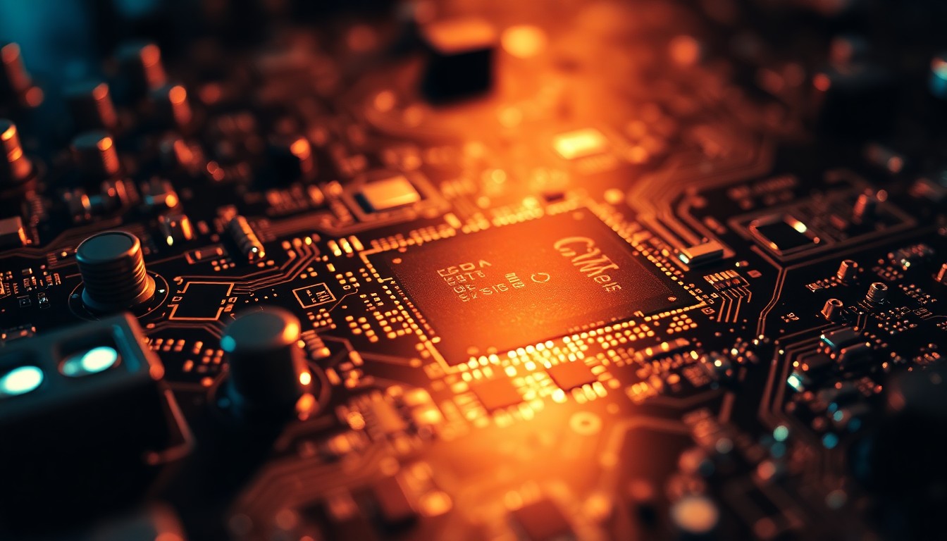An extreme close-up photograph of a glittering, high-tech circuit board, using dramatic lighting to create a sense of glamour and complexity around modern digital infrastructure.