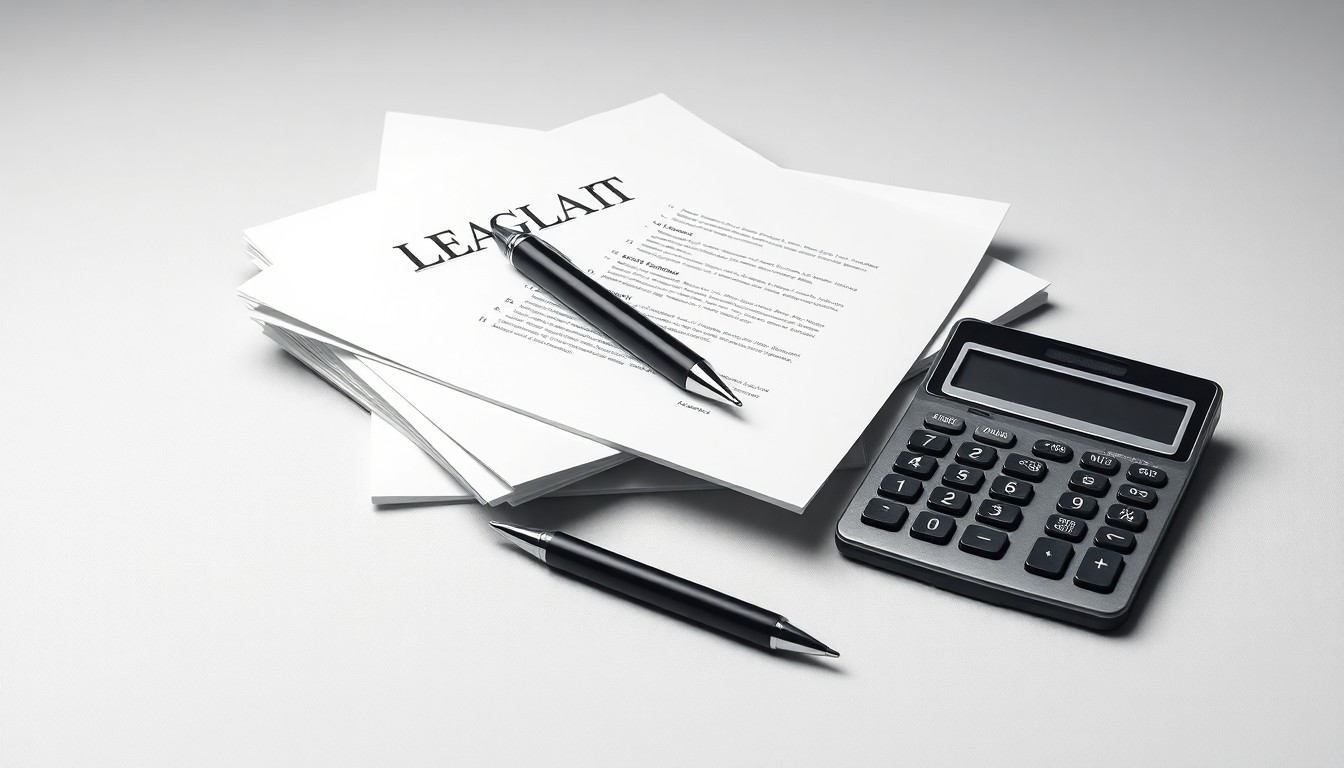 A minimalist studio still life photograph featuring a stack of legal documents, a pen, and a calculator arranged on a clean, monochromatic background, conceptually representing the abstract corporate legal matters at the heart of this employment lawsuit.