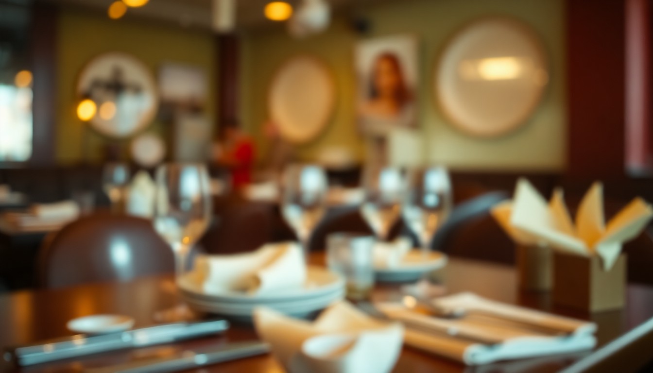 An abstract, out-of-focus arrangement of restaurant tableware and dining items in warm, soft tones, conveying the nostalgic atmosphere of Cincinnati's beloved eateries.