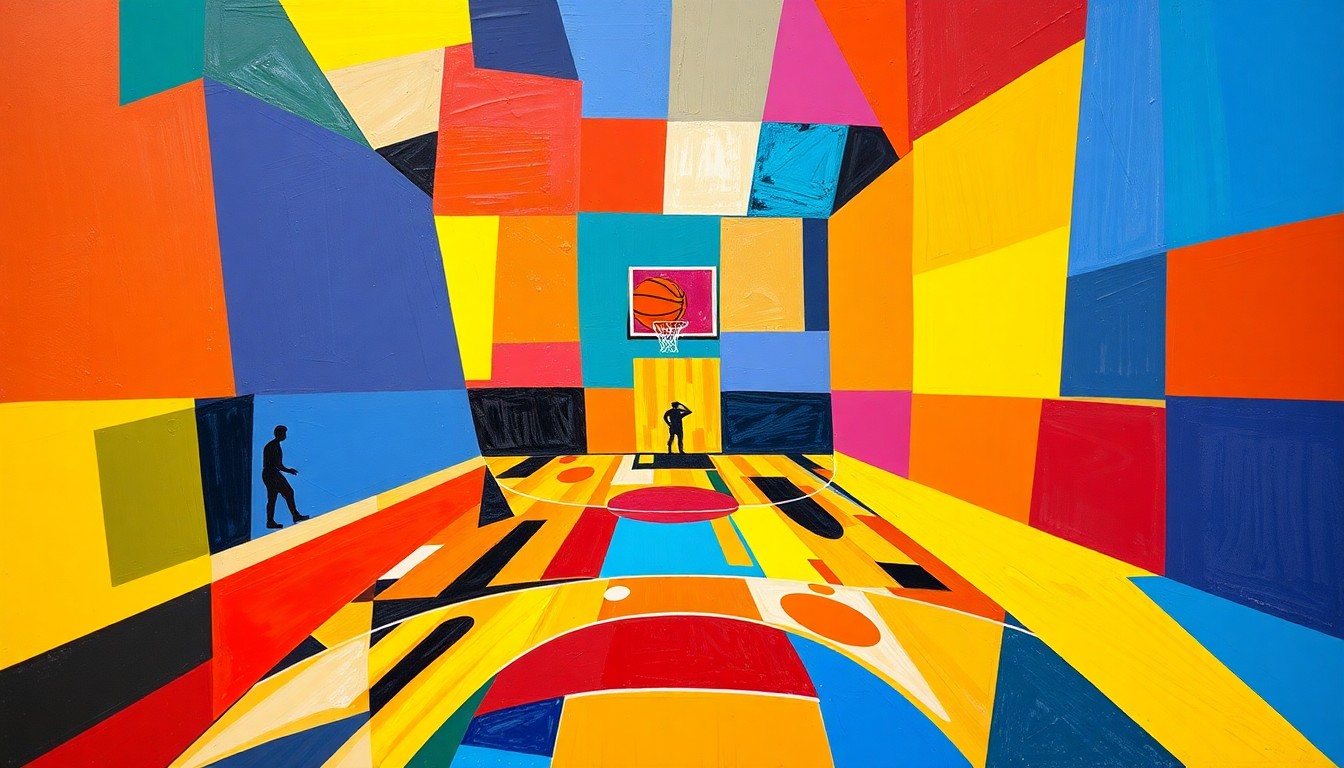 A fragmented, geometric painting depicting the dynamic movements and overlapping perspectives of a 3-on-3 basketball game, rendered in a cubist style with bold, primary colors.