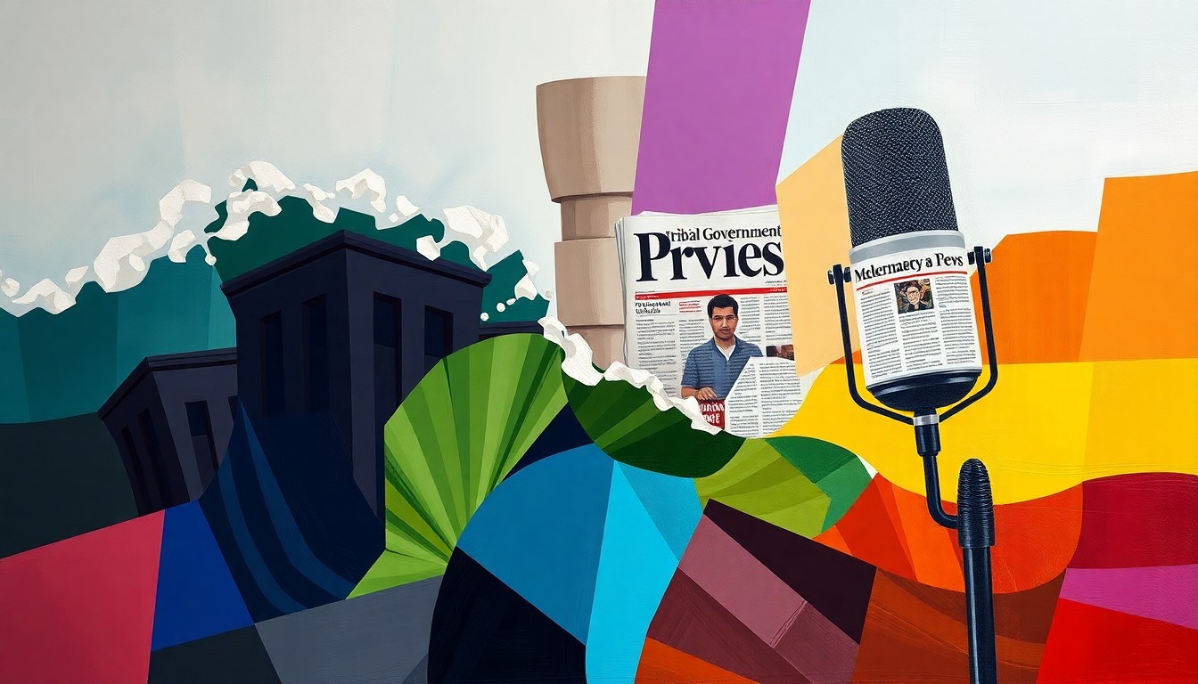 An abstract, fractured painting in shades of blue, green, and orange, with overlapping geometric shapes and lines representing a tribal government building, a tribal newspaper, and a microphone, conveying the concept of the fight for press freedom and transparency in Indian Country.