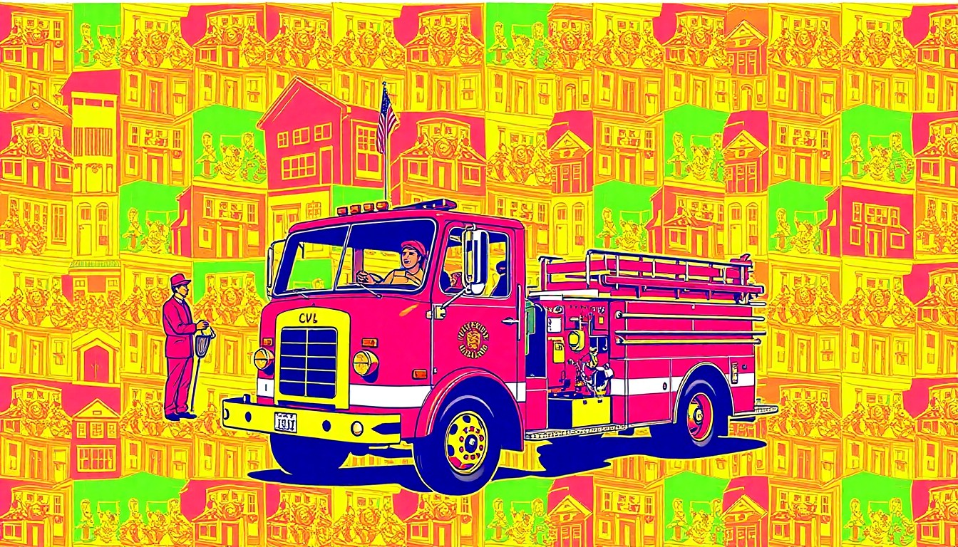 A brightly colored, high-contrast silkscreen print of a classic small-town parade float, such as a fire truck or marching band, repeated in a tight grid pattern in the style of Andy Warhol, capturing the festive spirit of summer community celebrations.