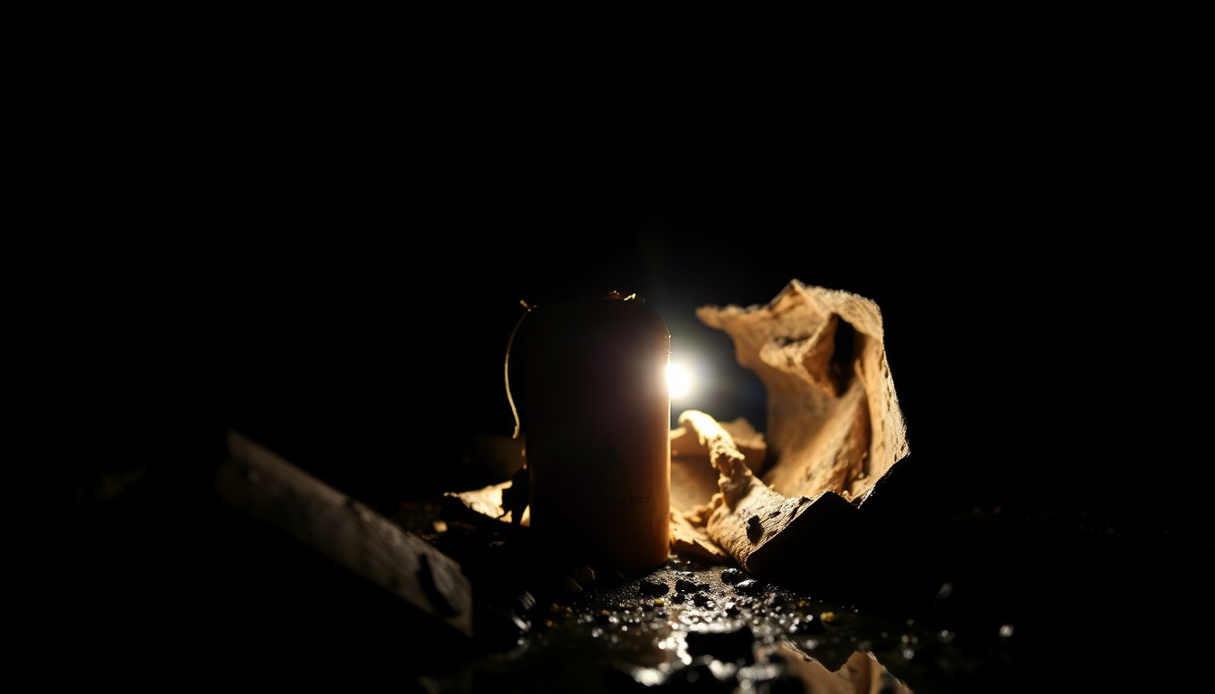 An extreme close-up photograph of a twisted, damaged piece of camp equipment or debris, lit harshly by a direct camera flash against a pitch-black background, conveying a stark, gritty, investigative mood about the Camp Mystic flood tragedy.