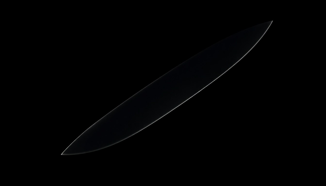 An extreme close-up of a large knife blade, the harsh flash lighting creating a stark, gritty, and investigative aesthetic that conceptually represents the violence of the crime without depicting any actual harm.
