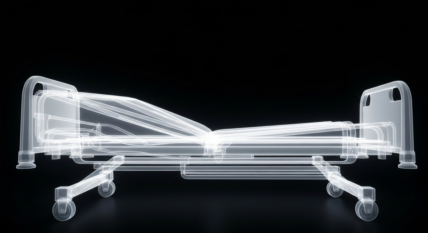 A translucent, ghostly X-ray image of a hospital bed frame, with glowing lines revealing the internal structure, conceptually representing the vulnerability of patient data in the healthcare system.