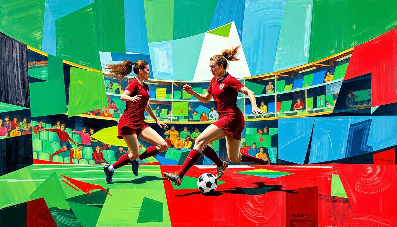 A cubist, geometric painting depicting the dynamic movements and overlapping perspectives of a women's soccer match, using bold colors to capture the energy of the game.