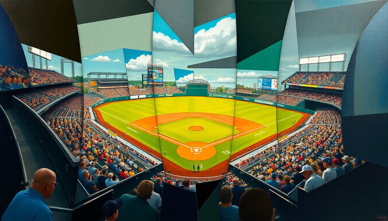 A fragmented, geometric painting depicting a baseball game in progress, with players and field elements broken down into sharp, overlapping planes of color and form.