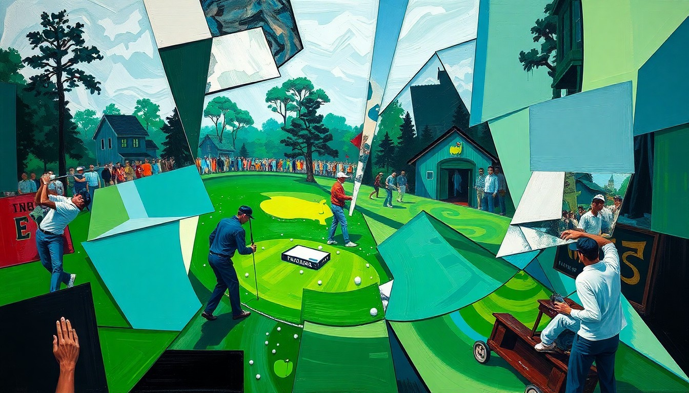 A fragmented, geometric painting depicting a golfer's angry actions on a golf course tee box, with sharp, overlapping planes of color representing the chaotic energy of the moment.