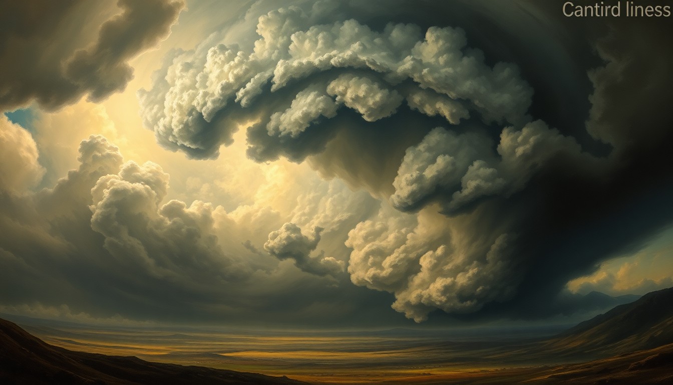 A sweeping, atmospheric landscape painting in muted tones of gray, blue, and green, with a massive, swirling storm system dominating the horizon and casting an ominous shadow over the countryside below.