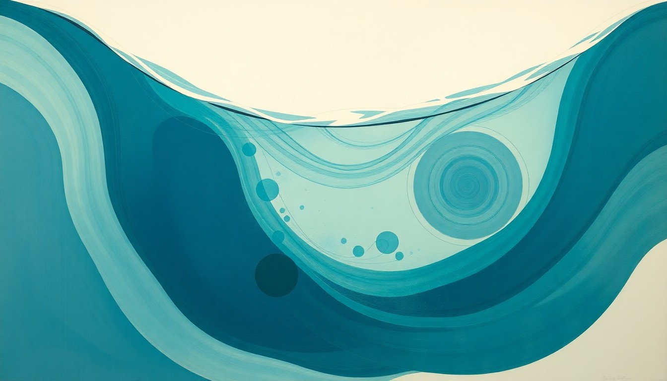 A highly textured, geometric abstract painting in soft shades of blue, green, and gray, depicting the complex web of spatial relationships and environmental factors that shape the underwater ecosystem of Charlotte Harbor.